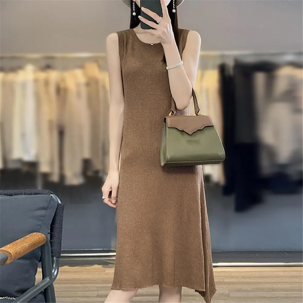 100% Merino Wool Crewneck Vest Dress Medium Length Knitted Sleeveless Dress Womens Tank Top Skirt
