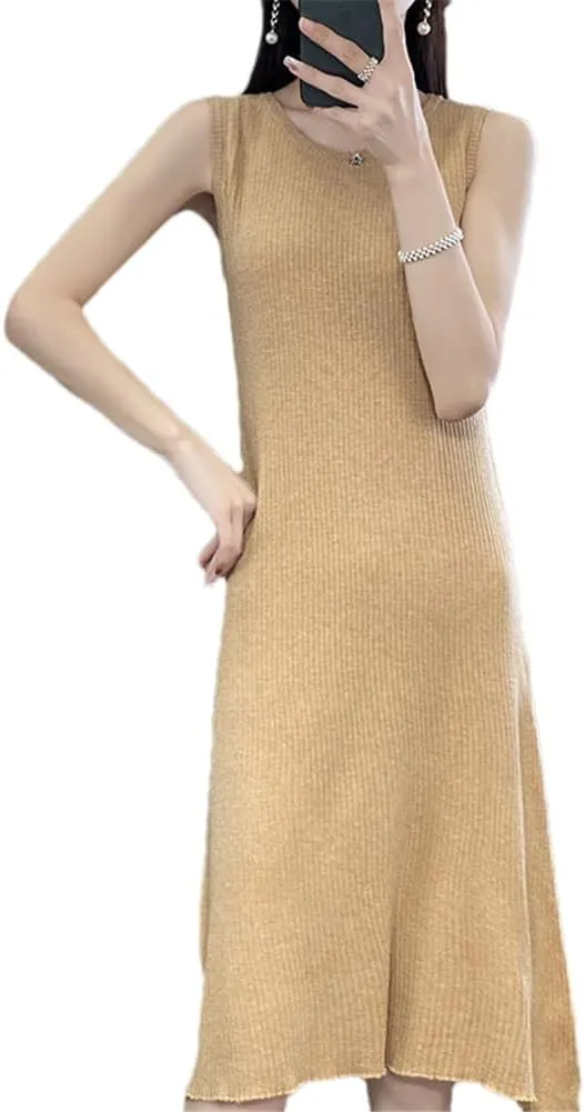 100% Merino Wool Crewneck Vest Dress Medium Length Knitted Sleeveless Dress Womens Tank Top Skirt