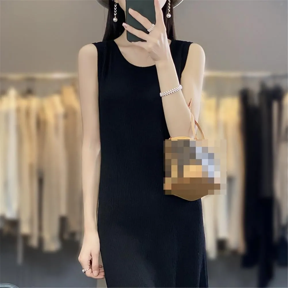 100% Merino Wool Crewneck Vest Dress Medium Length Knitted Sleeveless Dress Womens Tank Top Skirt