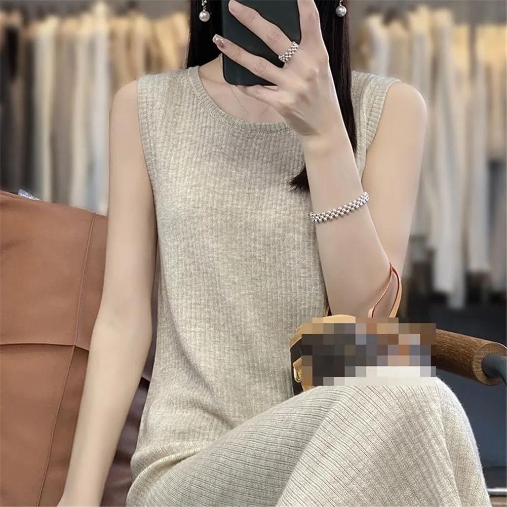 100% Merino Wool Crewneck Vest Dress Medium Length Knitted Sleeveless Dress Womens Tank Top Skirt