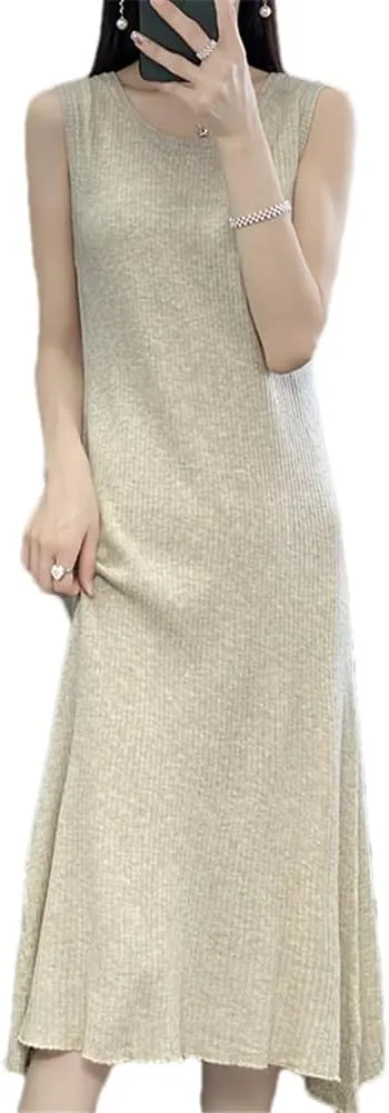 100% Merino Wool Crewneck Vest Dress Medium Length Knitted Sleeveless Dress Womens Tank Top Skirt