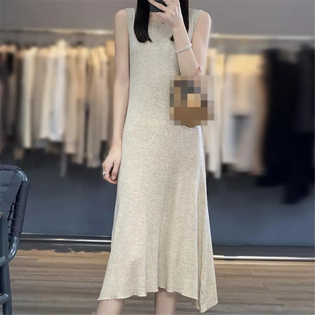 100% Merino Wool Crewneck Vest Dress Medium Length Knitted Sleeveless Dress Womens Tank Top Skirt
