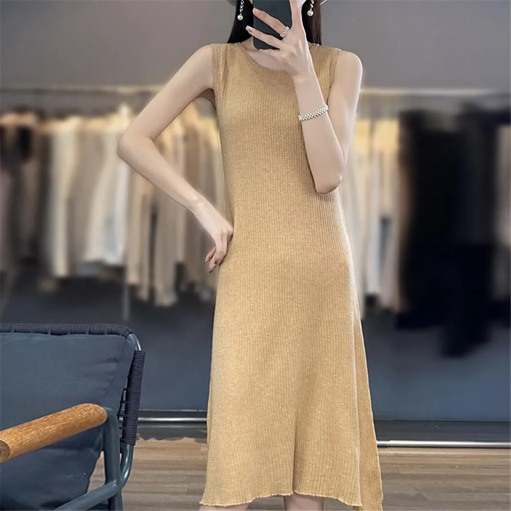 100% Merino Wool Crewneck Vest Dress Medium Length Knitted Sleeveless Dress Womens Tank Top Skirt