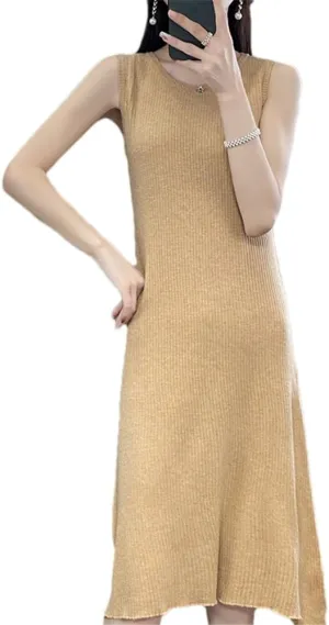 100% Merino Wool Crewneck Vest Dress Medium Length Knitted Sleeveless Dress Womens Tank Top Skirt