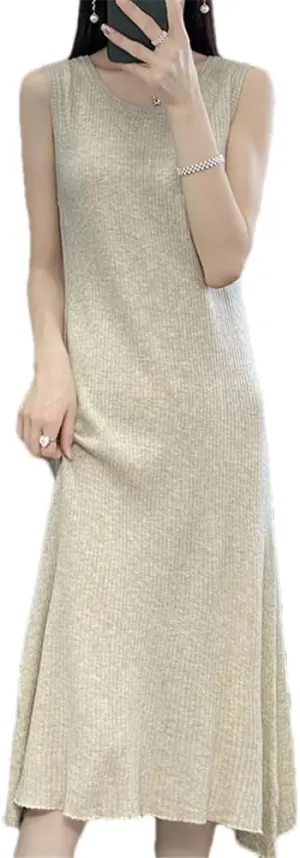 100% Merino Wool Crewneck Vest Dress Medium Length Knitted Sleeveless Dress Womens Tank Top Skirt
