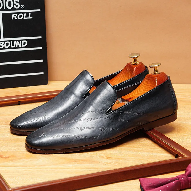 2025 British loafers men's summer breathable leather business dinner clothes men's shoes one pedal pointed engraved beanie leather shoes