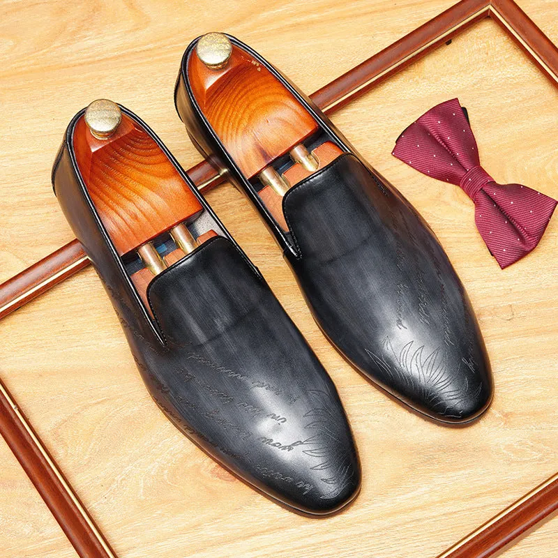 2025 British loafers men's summer breathable leather business dinner clothes men's shoes one pedal pointed engraved beanie leather shoes