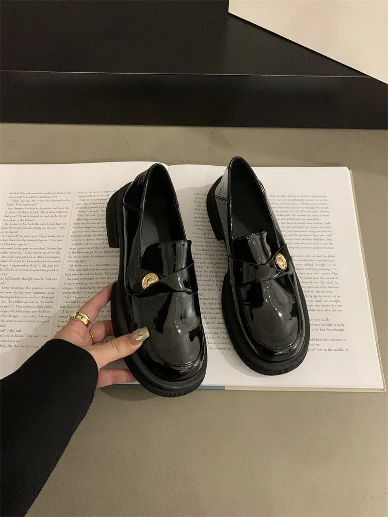 2025  British style small leather shoes high sense small fragrant style gold coin plush shoes thick heel single shoes platform loafers women's winter