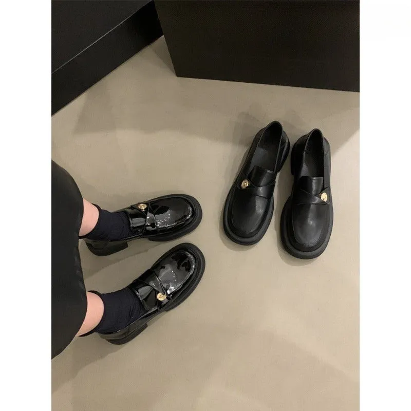 2025  British style small leather shoes high sense small fragrant style gold coin plush shoes thick heel single shoes platform loafers women's winter
