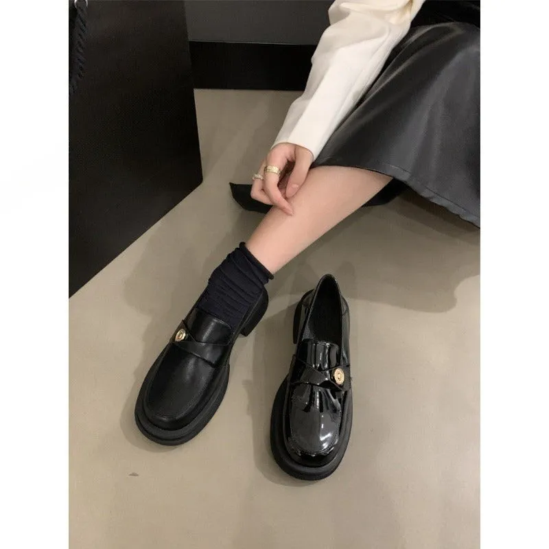 2025  British style small leather shoes high sense small fragrant style gold coin plush shoes thick heel single shoes platform loafers women's winter