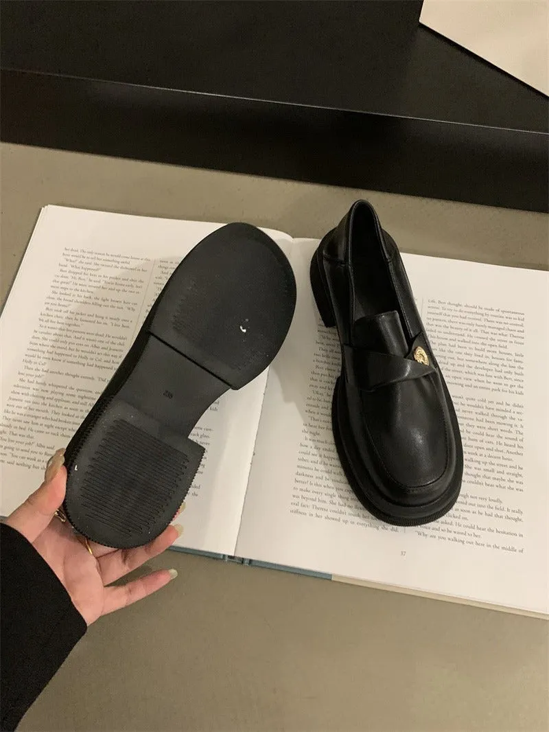 2025  British style small leather shoes high sense small fragrant style gold coin plush shoes thick heel single shoes platform loafers women's winter