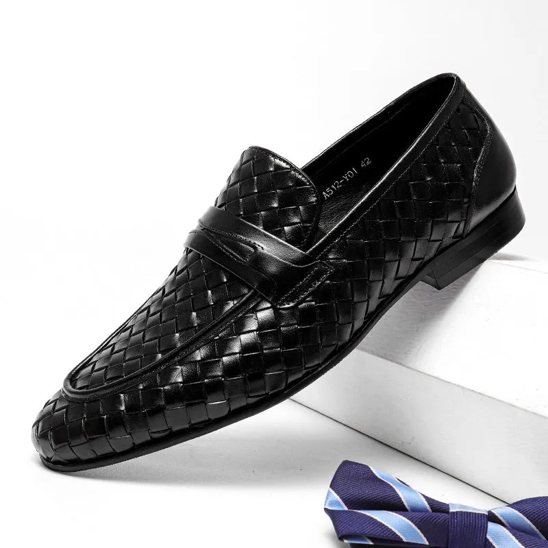 2025 Douyin Hot Sale Business Dress Leather Shoes Men's Woven Men's Shoes Trend Low Heel Sleeve British Breathable Round Head Loafers