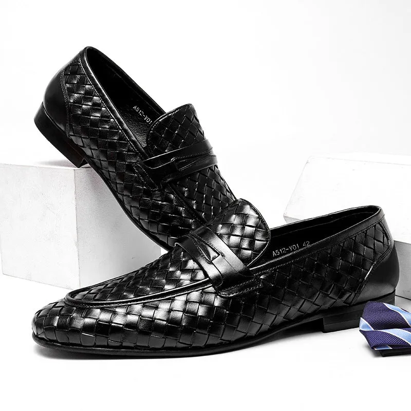 2025 Douyin Hot Sale Business Dress Leather Shoes Men's Woven Men's Shoes Trend Low Heel Sleeve British Breathable Round Head Loafers