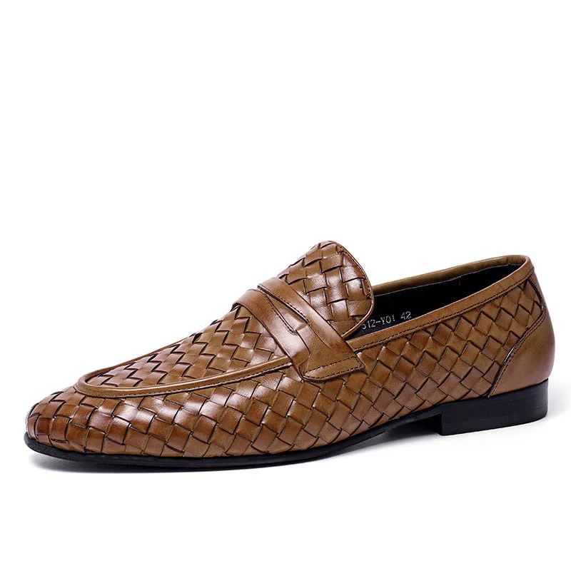 2025 Douyin Hot Sale Business Dress Leather Shoes Men's Woven Men's Shoes Trend Low Heel Sleeve British Breathable Round Head Loafers