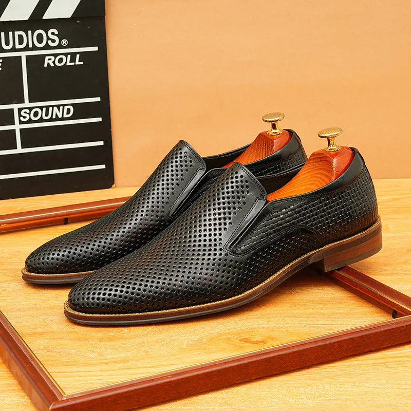 2025 Hollow leather shoes men's leather foot cover dress business first layer cowhide one pedal loafers breathable men's shoes wholesale