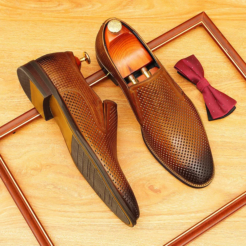 2025 Hollow leather shoes men's leather foot cover dress business first layer cowhide one pedal loafers breathable men's shoes wholesale