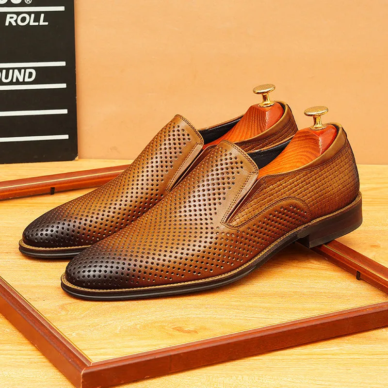 2025 Hollow leather shoes men's leather foot cover dress business first layer cowhide one pedal loafers breathable men's shoes wholesale