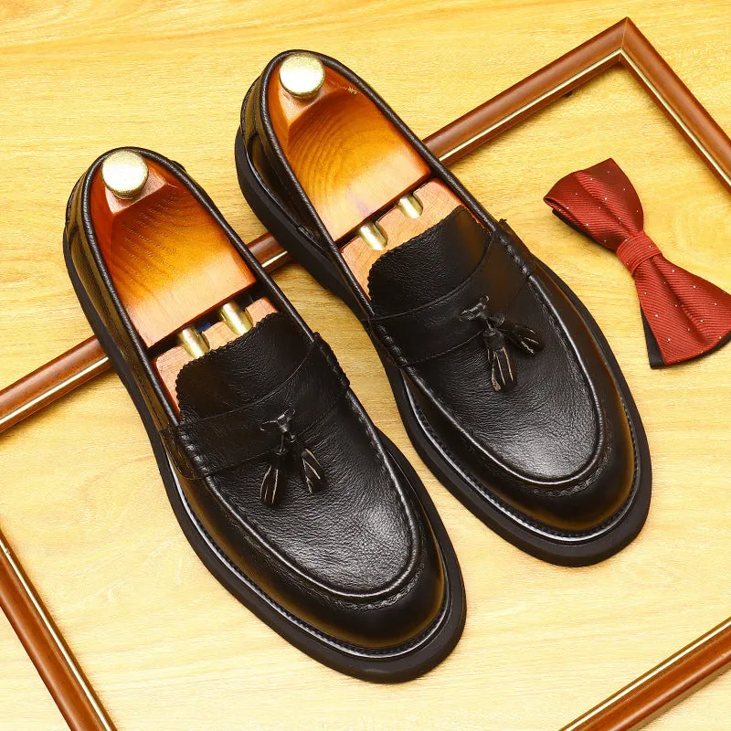 2025 Tassel platform heightening casual leather shoes men's British round head leather men's shoes business dress wedding loafers