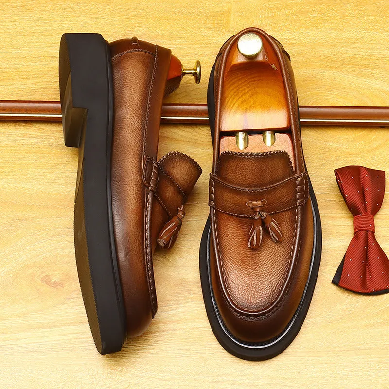 2025 Tassel platform heightening casual leather shoes men's British round head leather men's shoes business dress wedding loafers