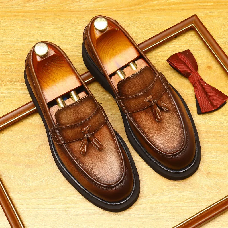 2025 Tassel platform heightening casual leather shoes men's British round head leather men's shoes business dress wedding loafers