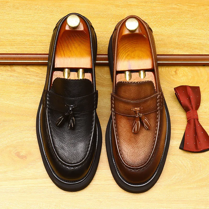2025 Tassel platform heightening casual leather shoes men's British round head leather men's shoes business dress wedding loafers