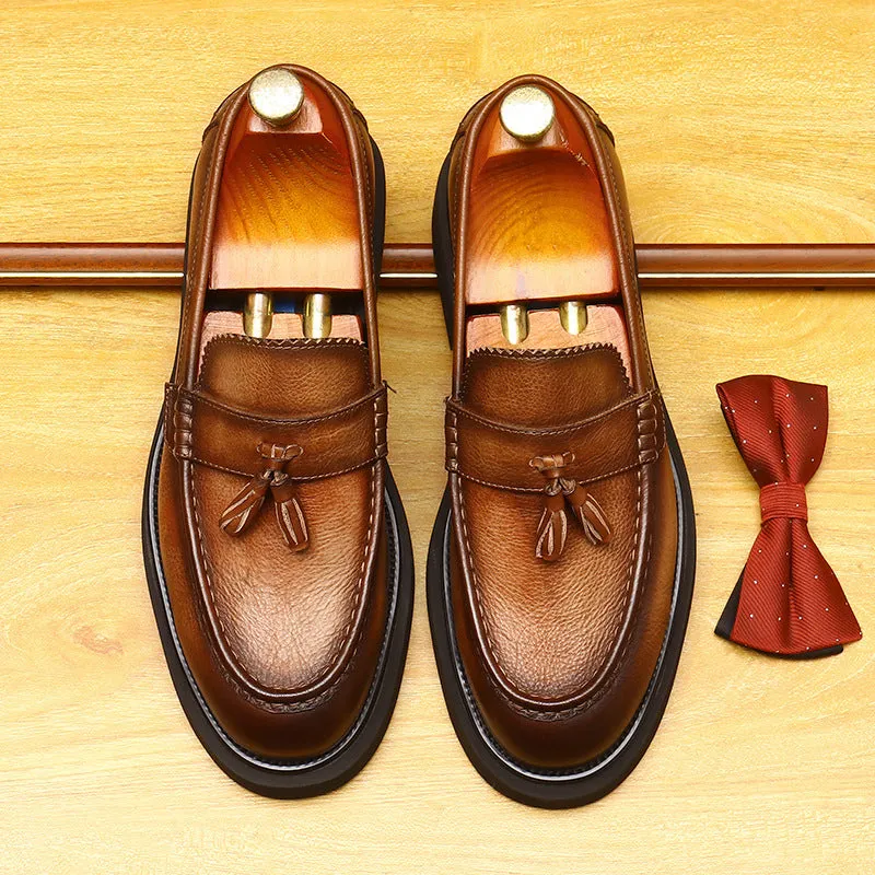 2025 Tassel platform heightening casual leather shoes men's British round head leather men's shoes business dress wedding loafers
