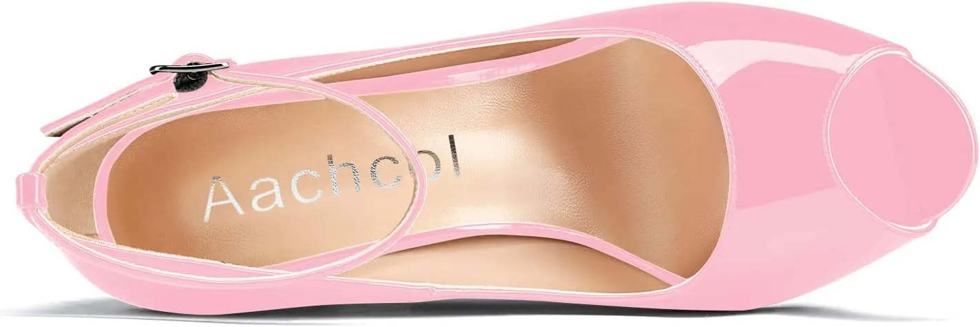 Aachcol Women Ankle Strap Pumps Stiletto High Heel Peep Open Round Toe 4 Inches