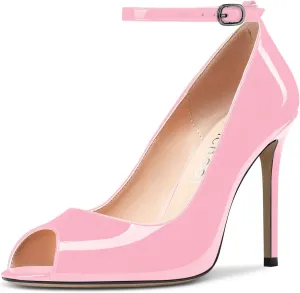 Aachcol Women Ankle Strap Pumps Stiletto High Heel Peep Open Round Toe 4 Inches