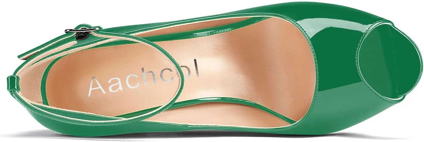 Aachcol Women Ankle Strap Pumps Stiletto High Heel Peep Open Round Toe 4 Inches