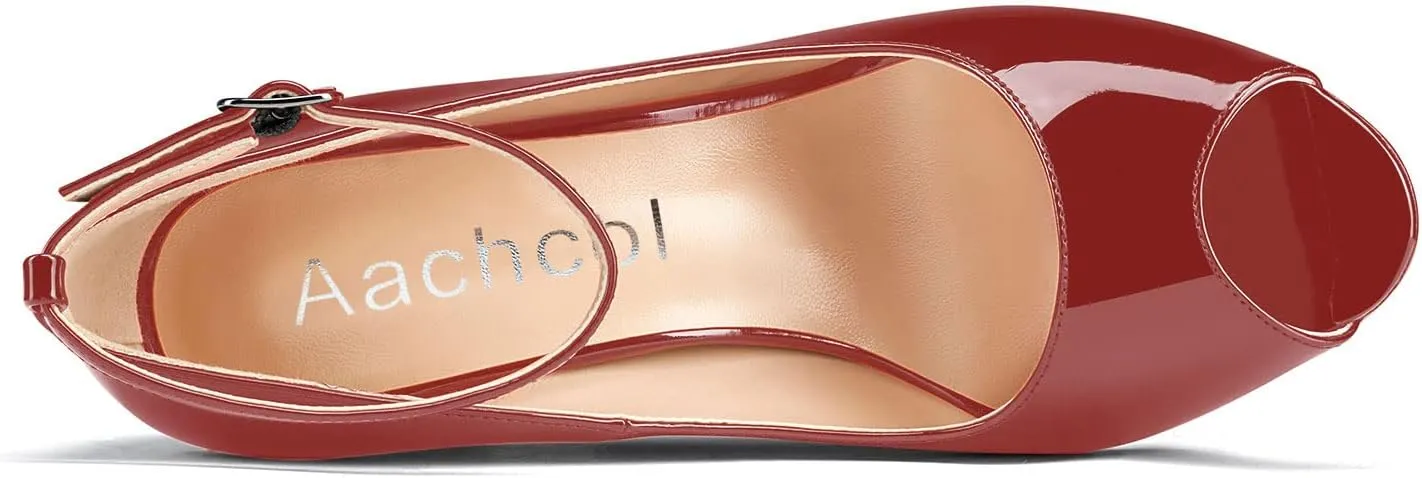 Aachcol Women Ankle Strap Pumps Stiletto High Heel Peep Open Round Toe 4 Inches