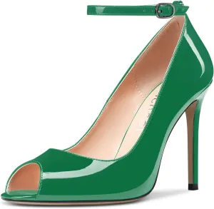 Aachcol Women Ankle Strap Pumps Stiletto High Heel Peep Open Round Toe 4 Inches
