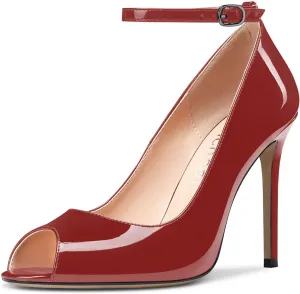Aachcol Women Ankle Strap Pumps Stiletto High Heel Peep Open Round Toe 4 Inches