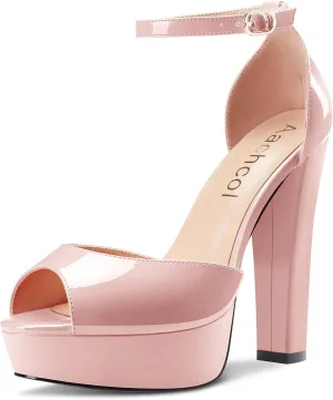 Aachcol Women Platform Chunky Block High Heel Sandals Round Peep Open Toe Ankle Strap Two-Piece Dress Shoes Pumps Party Wedding Patent 5 Inch