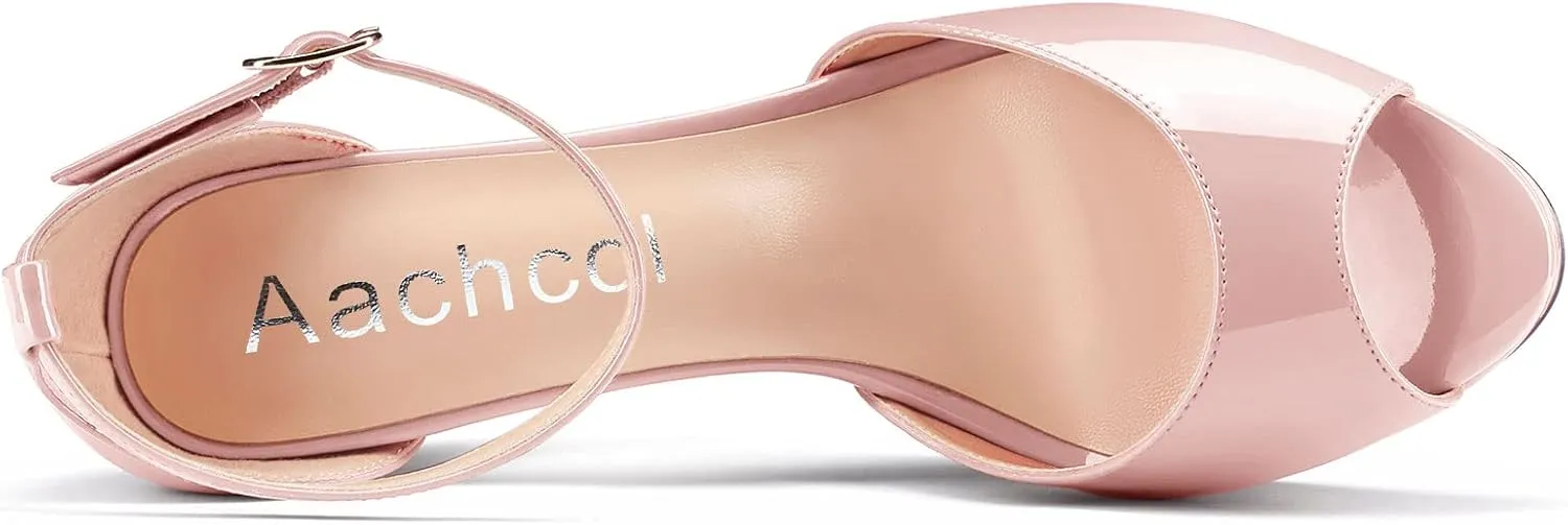 Aachcol Women Platform Chunky Block High Heel Sandals Round Peep Open Toe Ankle Strap Two-Piece Dress Shoes Pumps Party Wedding Patent 5 Inch