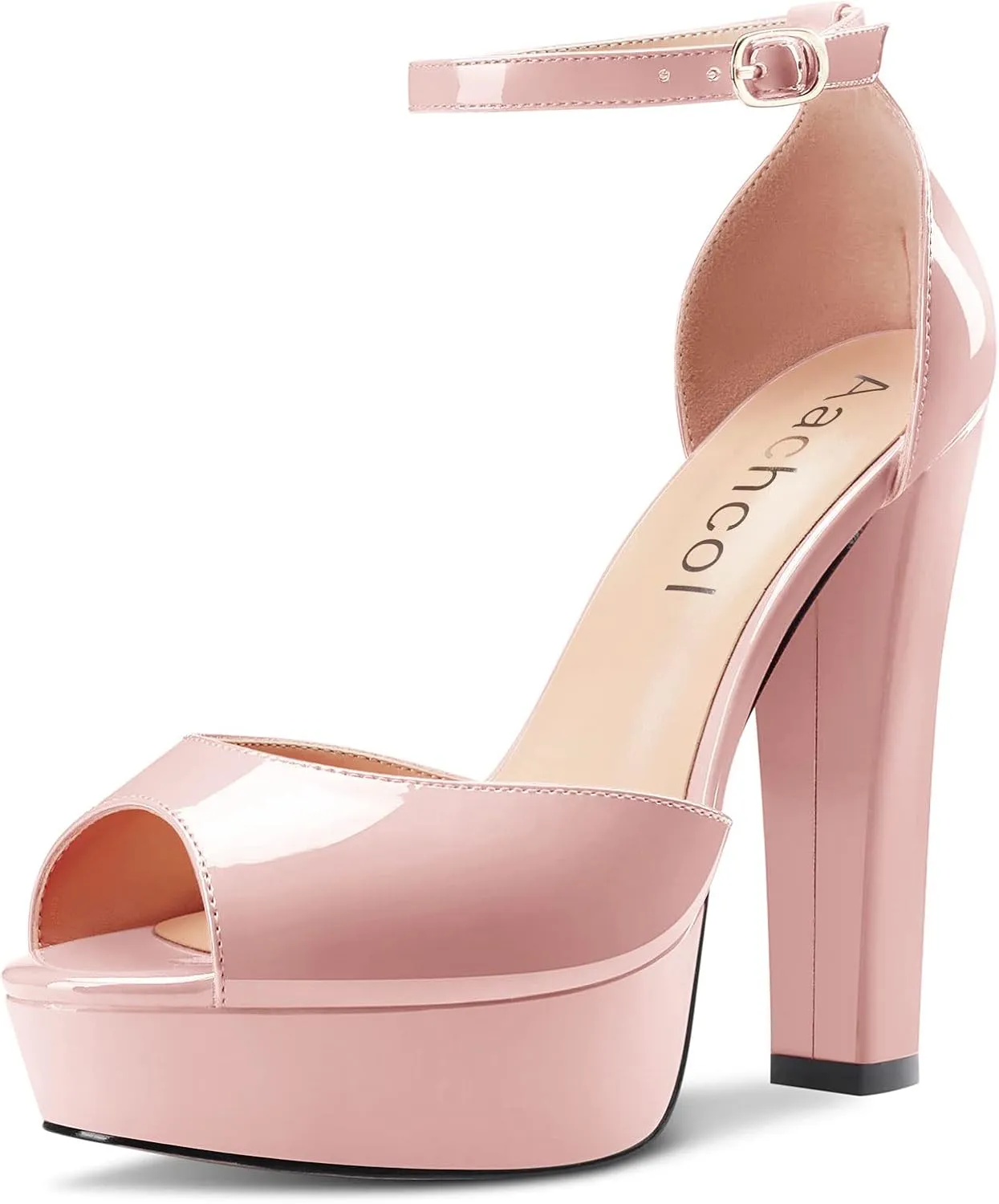 Aachcol Women Platform Chunky Block High Heel Sandals Round Peep Open Toe Ankle Strap Two-Piece Dress Shoes Pumps Party Wedding Patent 5 Inch