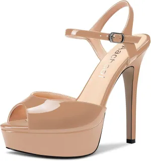 Aachcol Women Platform Sandals Ankle Strap Peep Open Toe Stiletto High Heel Slingback Dress Shoes 5 Inches