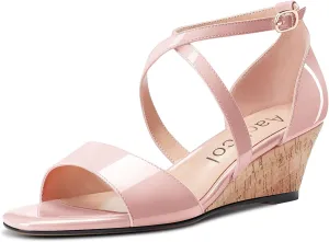 Aachcol Women Platform Sandals Clear Peep Open Toe Ankle Strap Wedge Mid Low Heel Dress Shoes Office Wedding Patent 2 Inch