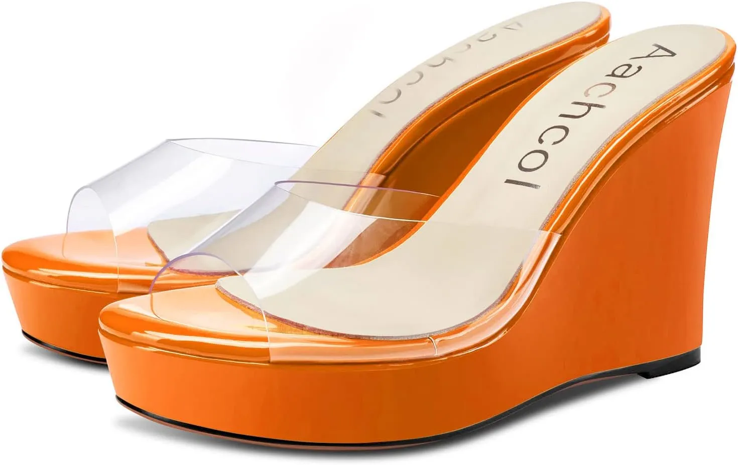 Aachcol Women Platform Sandals Clear Peep Open Toe Slip-on Wedge High Heel Dress Shoes Office Party Wedding Patent 4 Inch