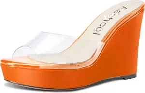 Aachcol Women Platform Sandals Clear Peep Open Toe Slip-on Wedge High Heel Dress Shoes Office Party Wedding Patent 4 Inch