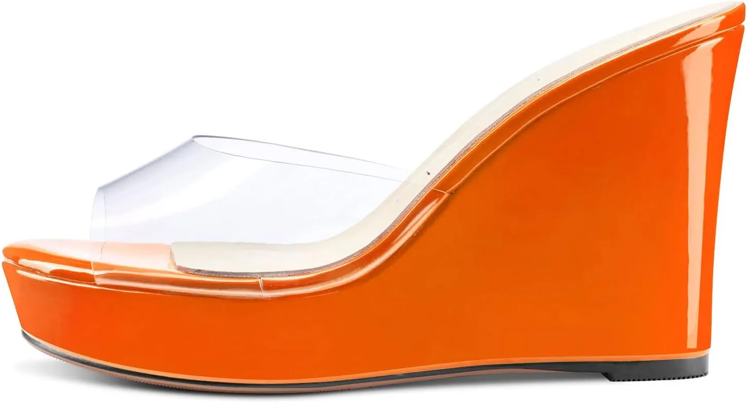 Aachcol Women Platform Sandals Clear Peep Open Toe Slip-on Wedge High Heel Dress Shoes Office Party Wedding Patent 4 Inch