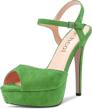 Aachcol Women Platform Sandals Peep Open Toe Ankle Strap Slingback Stiletto High Heel Dress Shoes Pumps Wedding Suede 5 Inch
