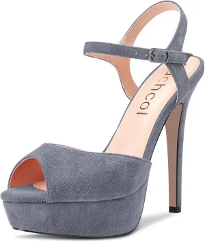 Aachcol Women Platform Sandals Peep Open Toe Ankle Strap Slingback Stiletto High Heel Dress Shoes Pumps Wedding Suede 5 Inch