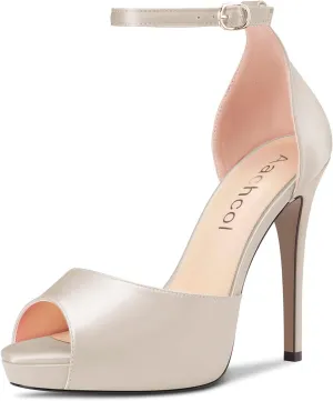 Aachcol Women Platform Sandals Peep Open Toe Ankle Strap Stiletto High Heel Dress Shoes Pumps Wedding Satin 5 Inch