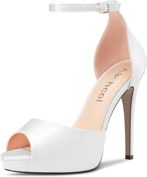 Aachcol Women Platform Sandals Peep Open Toe Ankle Strap Stiletto High Heel Dress Shoes Pumps Wedding Satin 5 Inch