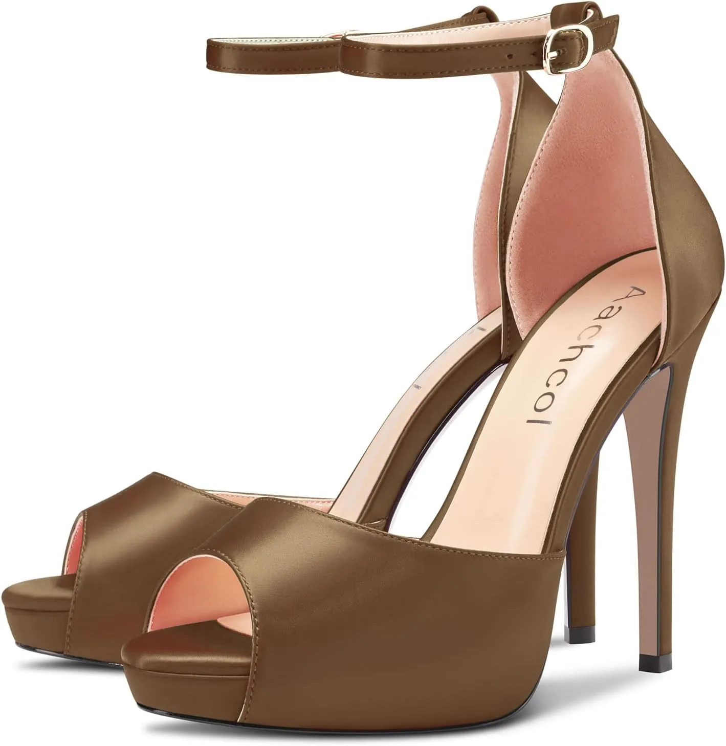 Aachcol Women Platform Sandals Peep Open Toe Ankle Strap Stiletto High Heel Dress Shoes Pumps Wedding Satin 5 Inch