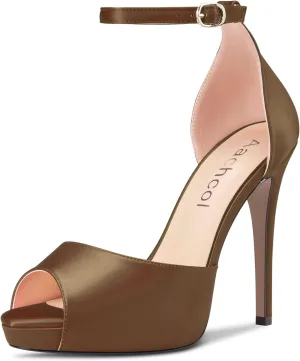 Aachcol Women Platform Sandals Peep Open Toe Ankle Strap Stiletto High Heel Dress Shoes Pumps Wedding Satin 5 Inch