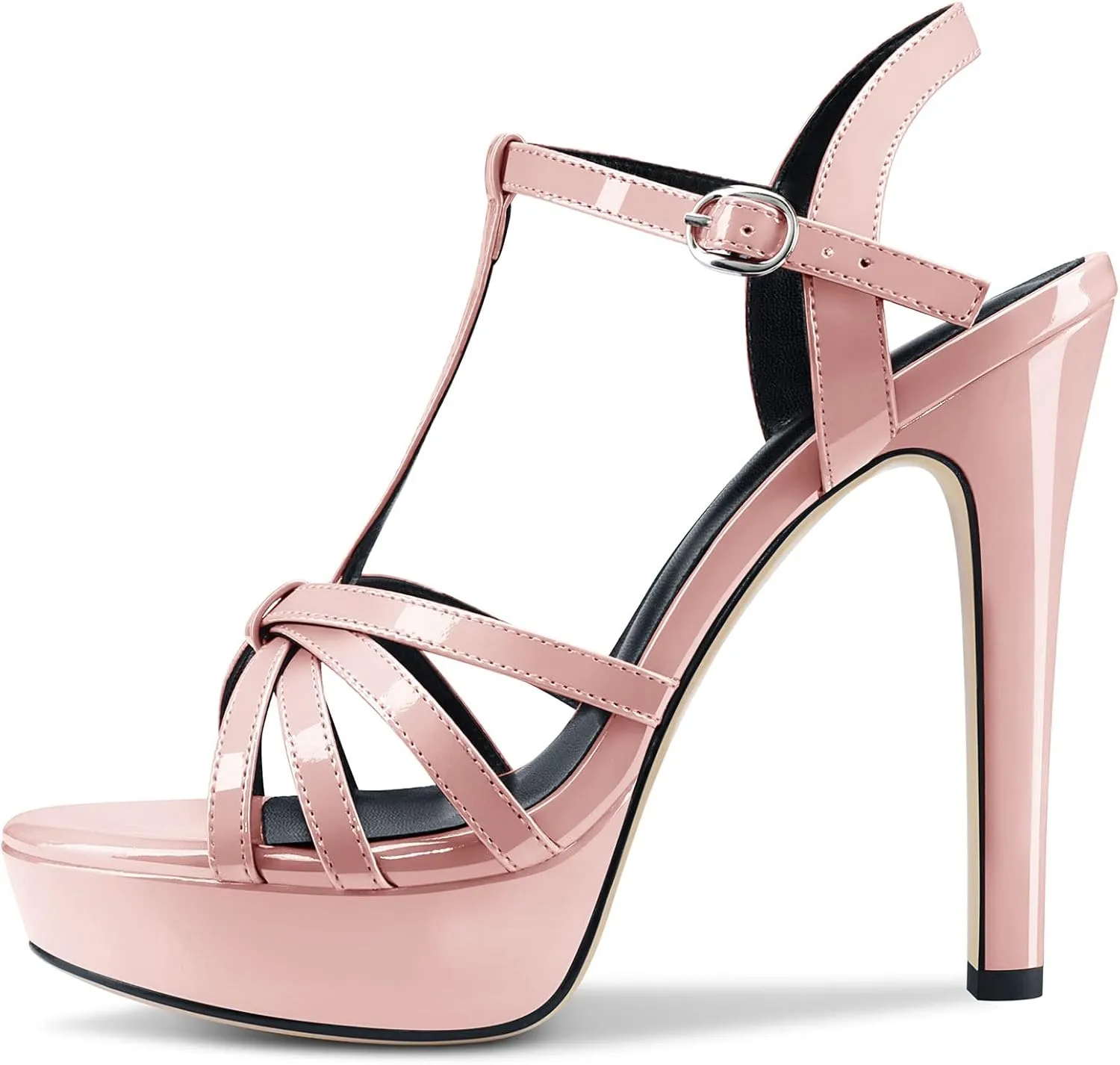 Aachcol Women Platform Sandals Peep Open Toe T-strap Ankle Strap Slingback Stiletto High Heel Dress Shoes Patent 5 Inch