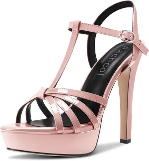 Aachcol Women Platform Sandals Peep Open Toe T-strap Ankle Strap Slingback Stiletto High Heel Dress Shoes Patent 5 Inch