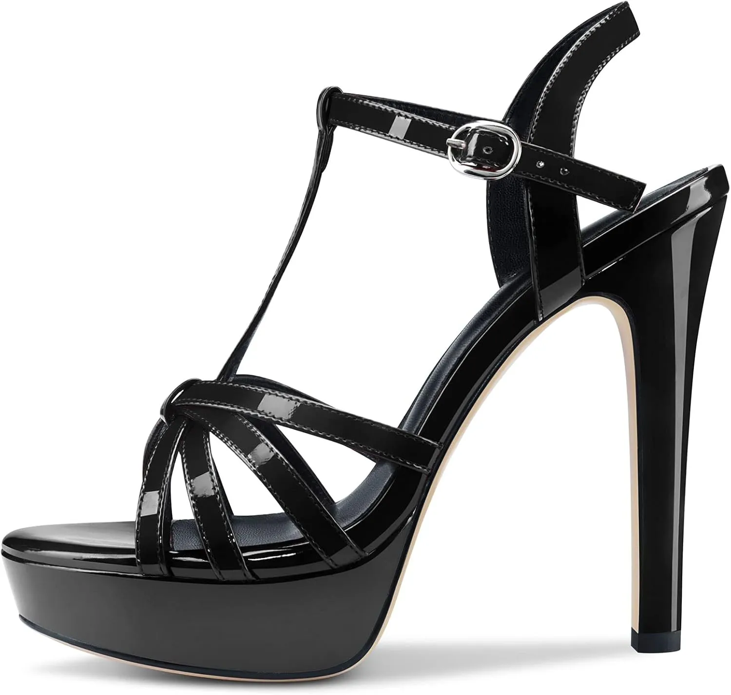 Aachcol Women Platform Sandals Peep Open Toe T-strap Ankle Strap Slingback Stiletto High Heel Dress Shoes Patent 5 Inch