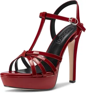 Aachcol Women Platform Sandals Peep Open Toe T-strap Ankle Strap Slingback Stiletto High Heel Dress Shoes Patent 5 Inch